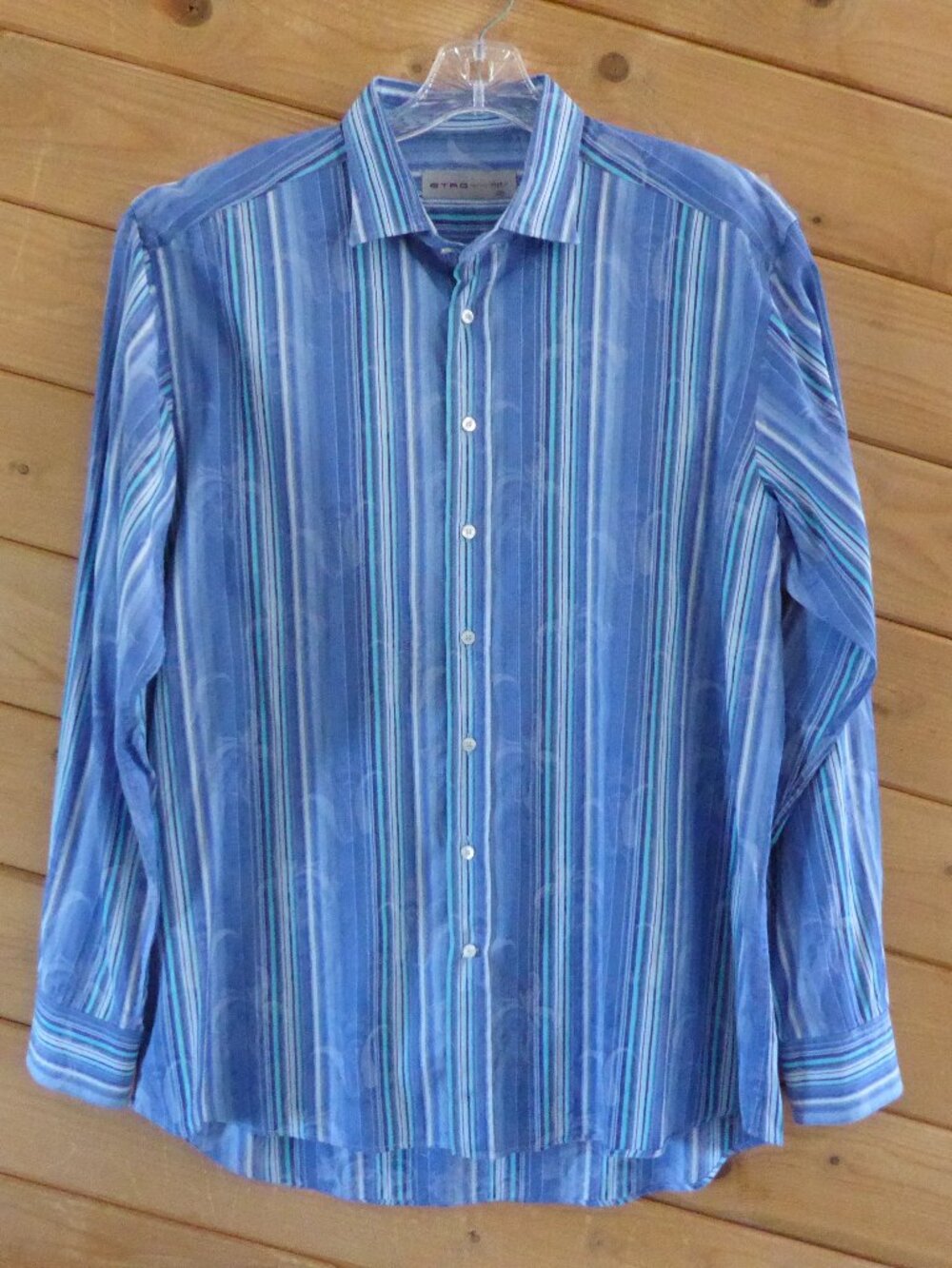 ETRO Size 44 Blue Stripe Designer 100% Cotton Long Sleeve Dress Shirt Men's